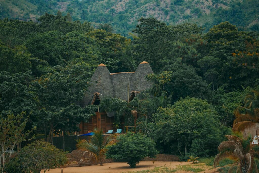 Mastering the First Impression: Your intriguing post title goes here A rustic lodge with a thatched roof surrounded by lush greenery and hills.