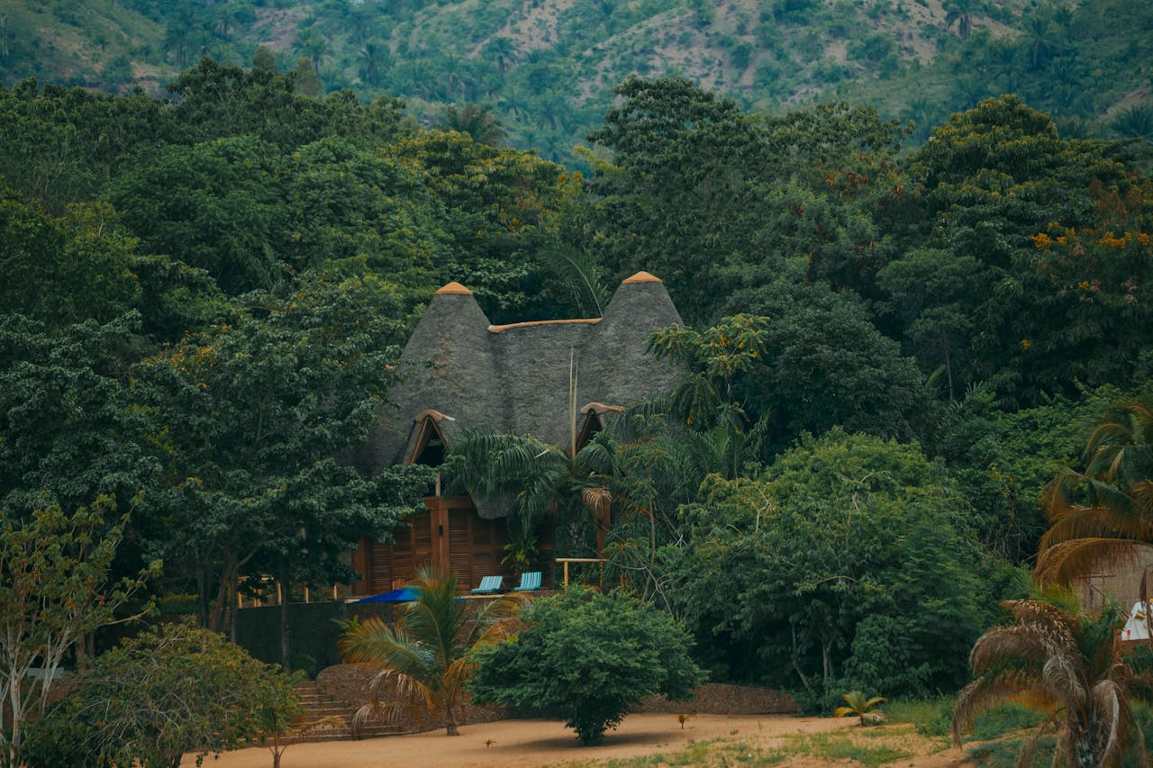 Mastering the First Impression: Your intriguing post title goes here A rustic lodge with a thatched roof surrounded by lush greenery and hills.